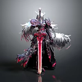 Mythical Warrior In Ornate Armor With Red Sword And Feathered Wings