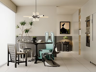 Modern Restaurant Cream Restaurant Potted Plant Creative Dining Chair Decorative Painting Side Lights Household Appliances Refrigerator Oven Dream Curtain Chandelier Books 3d model
