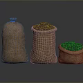 Three Burlap Sacks Filled with Fresh Purple Fruits on Dark Surface