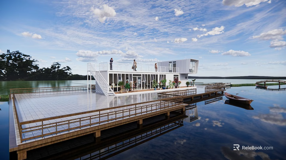 Waterfront Container Building With Staircase Wooden Platform And Small Boat On Lake 3d model 