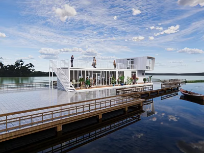 Waterfront Container Building With Staircase Wooden Platform And Small Boat On Lake 3d model
