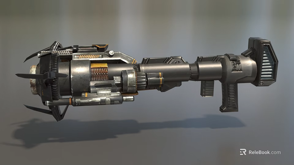 Futuristic Metallic Weapon With Detailed Complex Mechanical Components And Orange Accents 3d model 