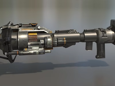 Futuristic Metallic Weapon With Detailed Complex Mechanical Components And Orange Accents 3d model