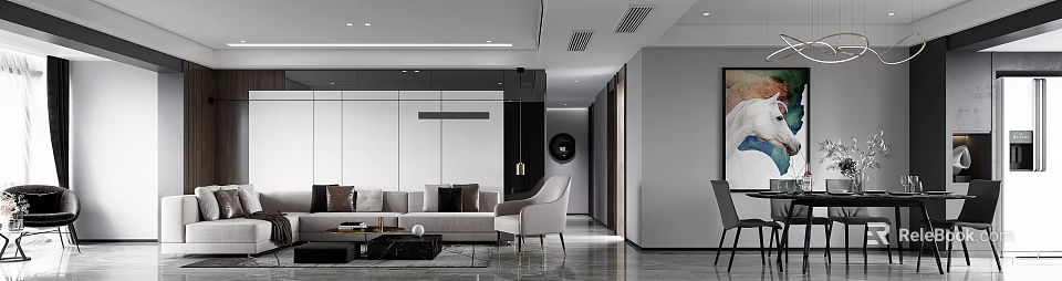 Modern Living Dining Room Interior With Sofa Chair And Open Layout Design 3d model