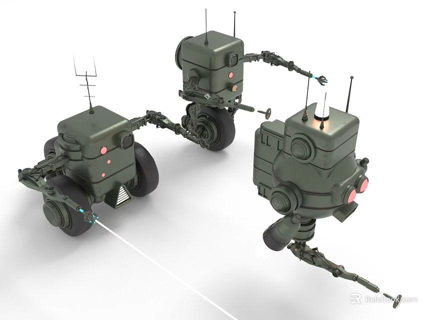 Three Green Robots Featuring Antennas Wheels And Mechanical Arms Design Details 3d model