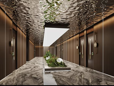 Modern Elevator Hallway With Decorative Ceiling Wooden Walls Marble Floor And Green Plants 3d model