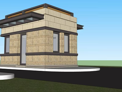 Modern Stone Building Exterior With Large Windows Entryway Flat Roof And Grass Area 3d model