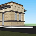 Modern Stone Building Exterior With Large Windows Entryway Flat Roof And Grass Area