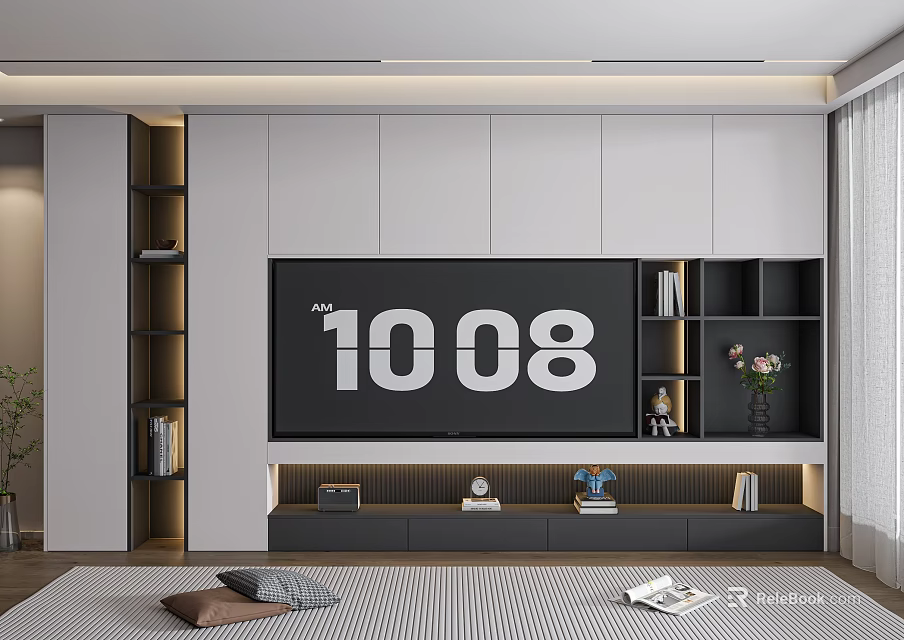 Modern TV Wall Unit with Large TV Screen Storage Shelves and Decorative Items 3d model 