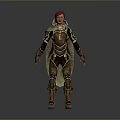 Red Haired Woman In Brown Decorative Armor With Gold Accents Standing On Gray Background