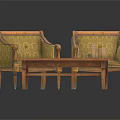 Two Upholstered Single Sofas With Wooden Coffee Table And Decorative Stacked Cups
