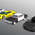 Yellow White And Black Sports Cars With Sedan Display In Studio Setup