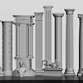 Classical Roman Columns In Various Styles With Carved Details And Decorative Statues
