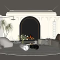 Elegant Modern Living Room Interior With Arched Black Fireplace White Sofa Green Plants And Pillows