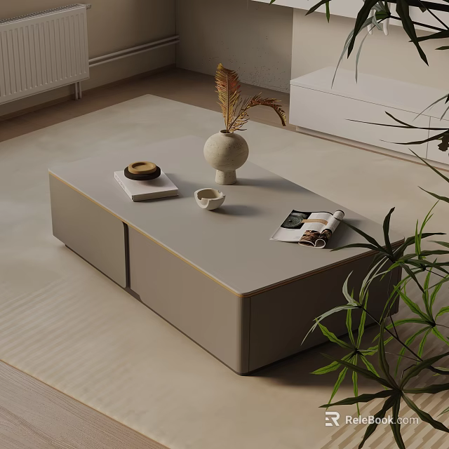 Modern Sofa and Coffee Table Set With Minimalist Design Decorative Vase Magazines And Plants 3d model 