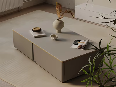Modern Sofa and Coffee Table Set With Minimalist Design Decorative Vase Magazines And Plants 3d model