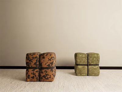 Two Modern Minimalist Ottomans in Brown and Green with Patterned Design on Light Floor 3d model
