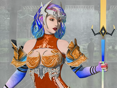 Game Movie Character With Colorful Hair White Horns And Orange Gold Decorated Armor Holding Long Weapon 3d model