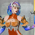 Game Movie Character With Colorful Hair White Horns And Orange Gold Decorated Armor Holding Long Weapon