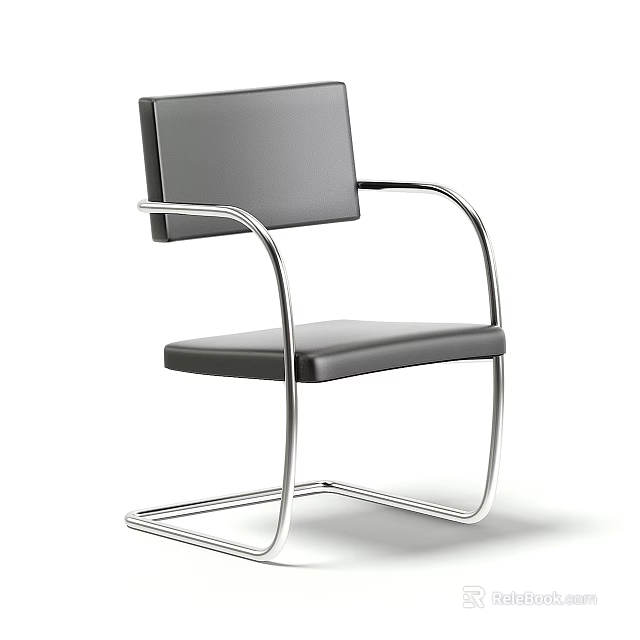 Modern Leisure Chair With Black Leather Upholstery And Curved Metal Frame Design 3d model 