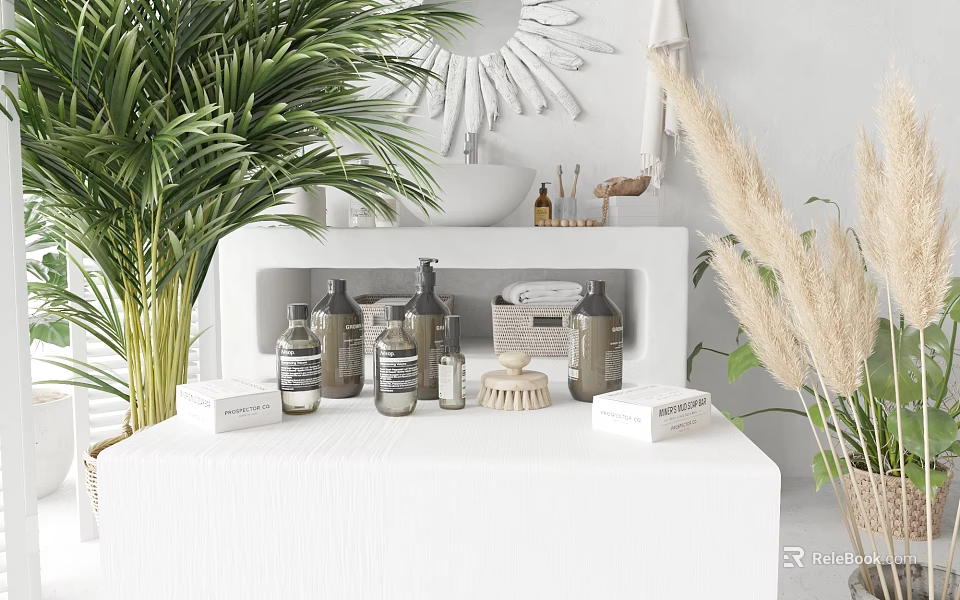 Minimalist Perfume Cosmetics Display With White Stand Green Plants And Mirror 3d model 
