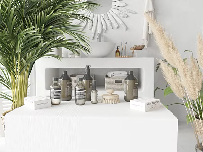 Minimalist Perfume Cosmetics Display With White Stand Green Plants And Mirror 3d model