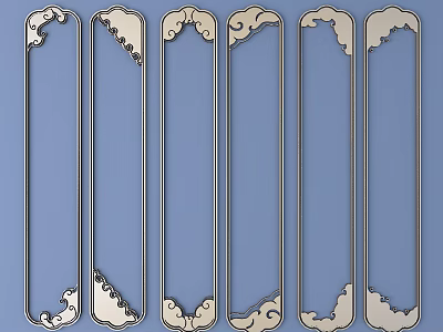 Six Decorative Carved Strips with Intricate Patterns on Blue Background 3d model