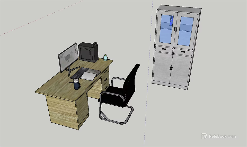 Wooden Office Desk Setup With Monitor Keyboard Mouse Water Bottle Black Chair And Glass Cabinet 3d model 