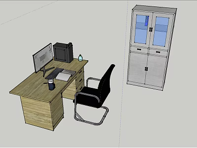 Wooden Office Desk Setup With Monitor Keyboard Mouse Water Bottle Black Chair And Glass Cabinet 3d model