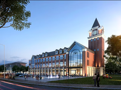 European Style Commercial Street With Red Brick Buildings Clock Tower Glass Facade Fountains And Pedestrians 3d model