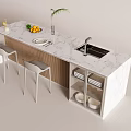 Stylish Bar Counter With Marble Top White Stools Fruits Plant Sink Tableware And Storage Shelves
