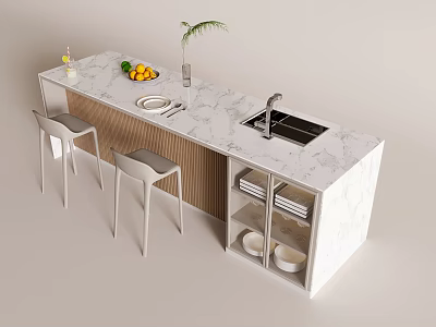 Stylish Bar Counter With Marble Top White Stools Fruits Plant Sink Tableware And Storage Shelves 3d model