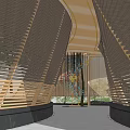 Modern Geometric Wooden Pergola Design With Surrounding Trees And Stone Steps