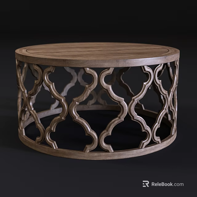 Elegant Wooden Round Coffee Table With Intricate Carved Pattern Base Design 3d model