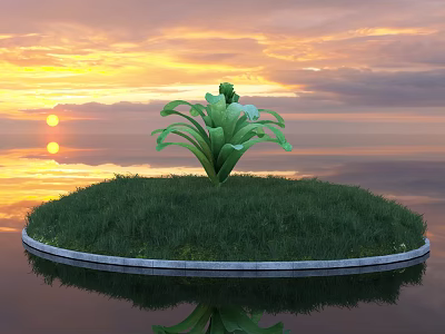 Lush Green Plant On Circular Grassy Island With Sunset Sky And Water Reflection 3d model