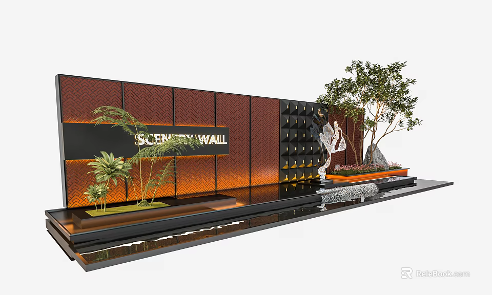 Modern Scenery Wall Design With Brown Black Panels Decorative Plants And Water Feature 3d model 