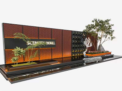 Modern Scenery Wall Design With Brown Black Panels Decorative Plants And Water Feature 3d model