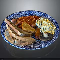 Traditional English Breakfast Plate With Sausage Bacon Eggs Mushrooms Beans And Toast