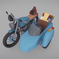 Blue Motorcycle With Sidecar Brown Seats Yellow Cloth And Luggage Packages