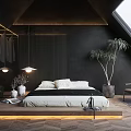 Modern Bedroom Interior with Sloped Ceiling Skylight Dark Walls Wooden Floor Palm Plant Accent Chair
