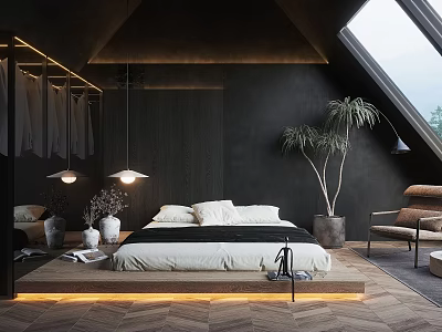 Modern Bedroom Interior with Sloped Ceiling Skylight Dark Walls Wooden Floor Palm Plant Accent Chair 3d model