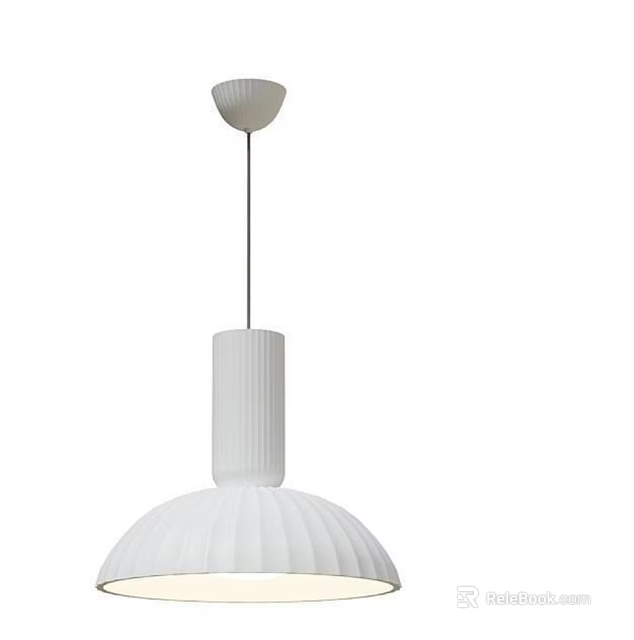 Modern Minimalist White Ribbed Pendant Light Featuring Cylindrical Upper Part And Round Lampshade 3d model 