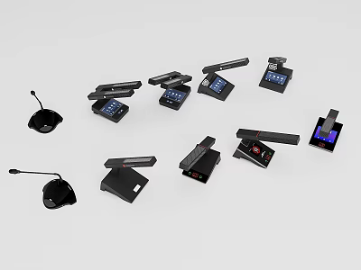 Various Electronic Meeting Devices With Microphones And Control Panels 3d model