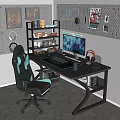 Modern Black Entertainment Desk With Gaming Chair Computer Headphones And Blue Ambient Lighting