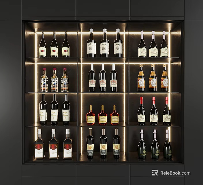 Modern Wine Cabinet Interior With Multiple Neatly Arranged Bottles And Lighting 3d model 