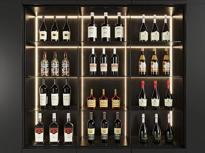 Modern Wine Cabinet Interior With Multiple Neatly Arranged Bottles And Lighting 3d model
