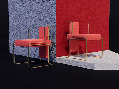 Modern Red Upholstered Dining Chairs With Gold Frame Against Blue And Red Walls 3d model