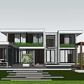 Modern Detached Villa Exterior With Glass Windows Green Wall And Courtyard Pool