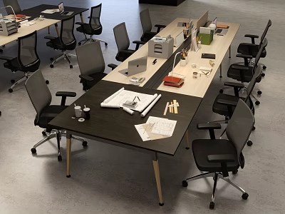 Modern Office Desk Workspace With Ergonomic Chairs And Essential Office Supplies 3d model