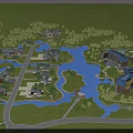 Aerial View Planning Scenic Landscape With Green Lawns Trees Lake And Buildings